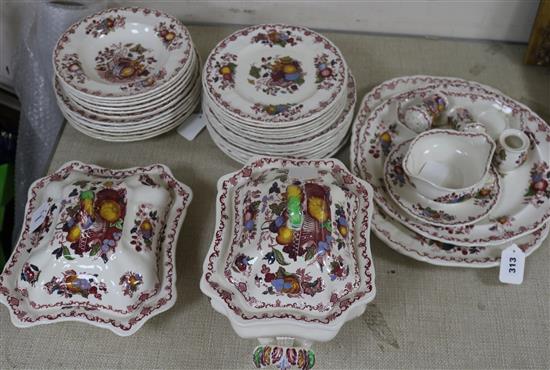 A Masons Ironstone pink Fruit Basket pattern part dinner service,